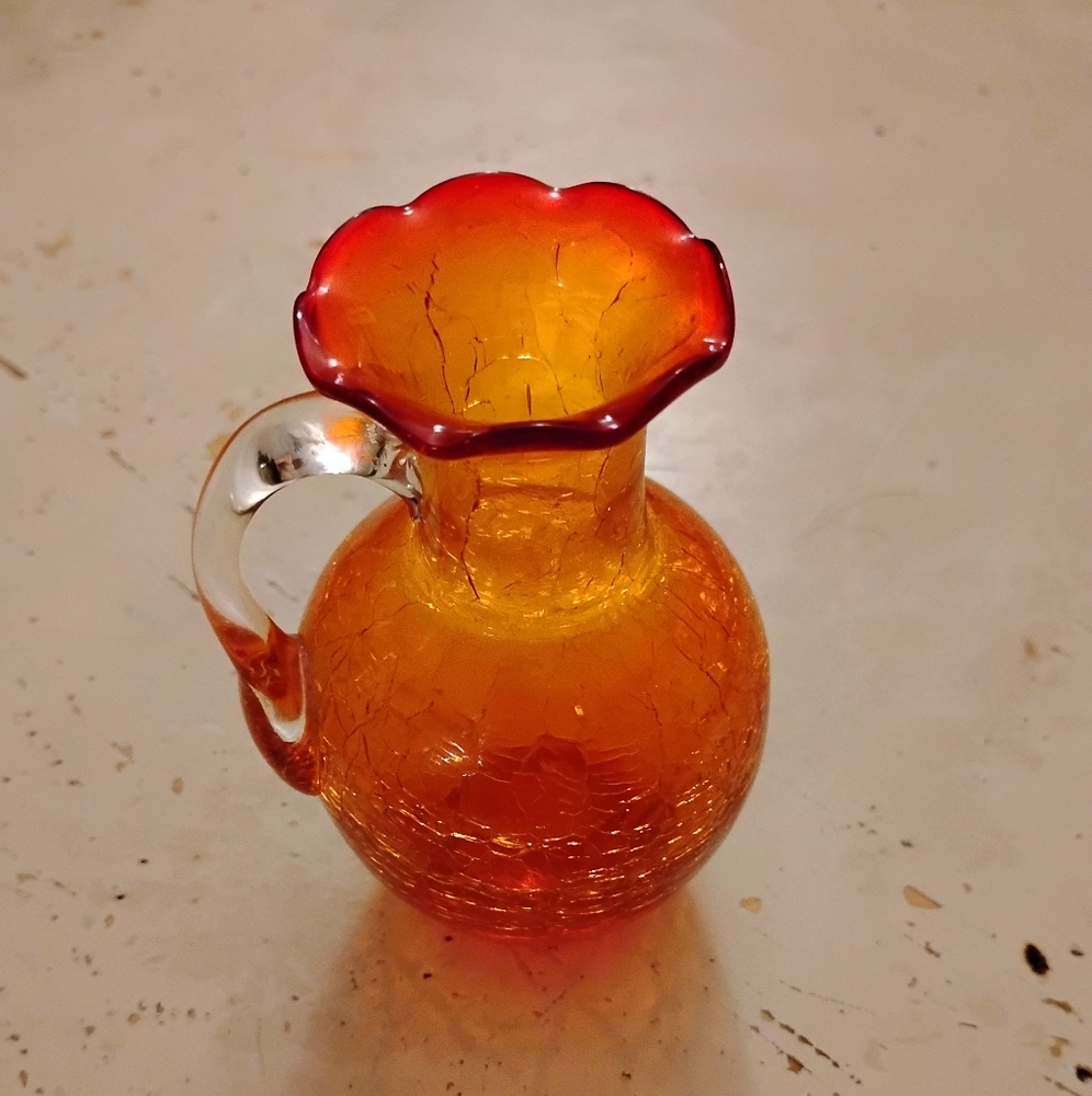 Elegant Orange Mini Glass Vase With Handle 4.5' Tall